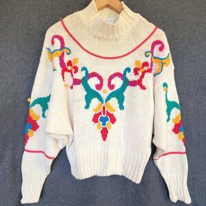 VTG 80s Rebecca Stone L Knit Ivory Colorful Floral Embroidery Pullover Sweater